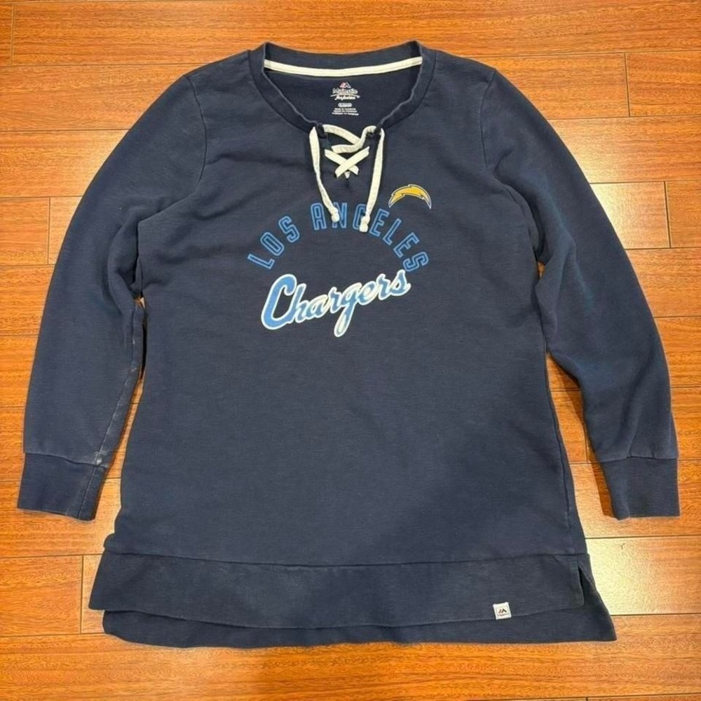 faded navy blue Women's Majestic Los Angeles Chargers lace up sweater